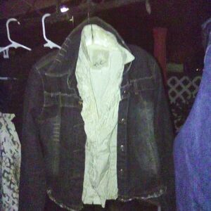 A bundle of: two size 8 jean jackets matching skirt , two blouses, dress